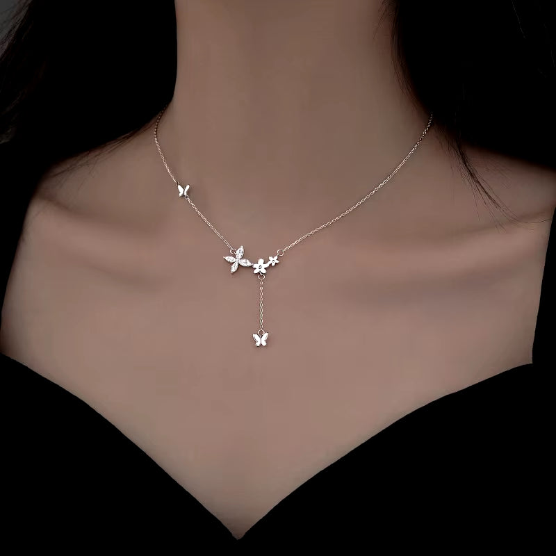 Silver Color AAA Zircon Flower Necklaces for Women Elegant Butterfly Tassel Pendant Clavicle Chain Choker Luxury Jewelry