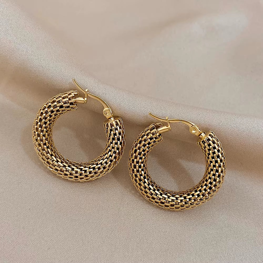 Stainless Steel Gold Color Geometric Metal Mesh Earrings for Women Girls New Trend Hoop Ear Jewelry Gift