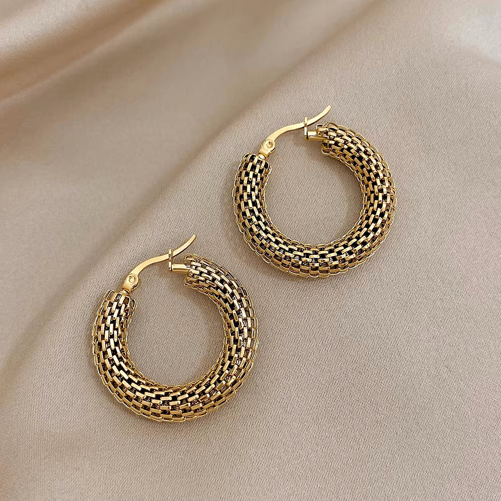 Stainless Steel Gold Color Geometric Metal Mesh Earrings for Women Girls New Trend Hoop Ear Jewelry Gift