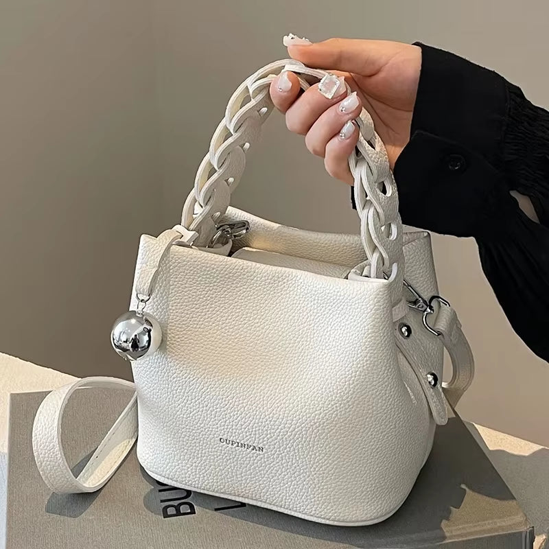 Fashion Weaving Handheld Bucket Bag New Korean Soft Leather Litchi Pattern Handbags Large Capacity One Shoulder Crossbody Bags