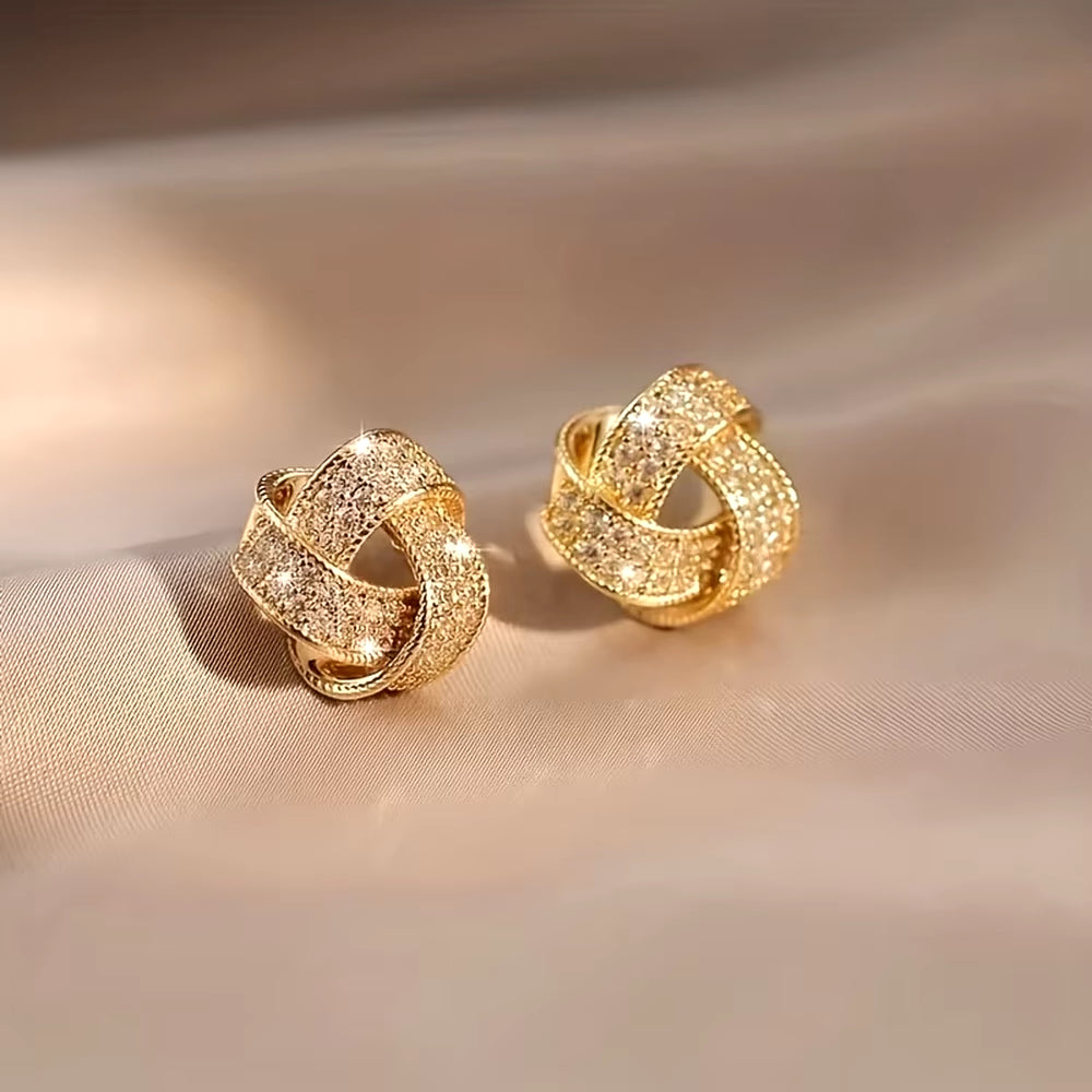 Elegant Sparkling Knotted Alloy Stud Earrings with Imitation Zircon Decor, Daily Decoratiions,Small with Stainless Steel Needles