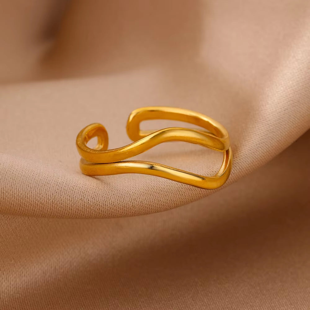 Hollow Double Layer Line Stainless Steel Rings for Women Men Opening Adjustable Gold Color Ring Wedding Fashion Jewelry Gift