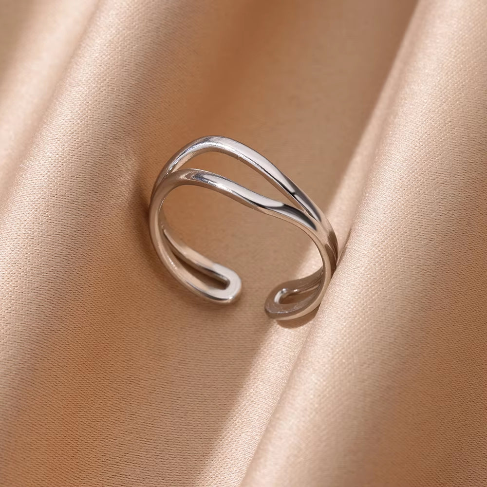 Hollow Double Layer Line Stainless Steel Rings for Women Men Opening Adjustable Gold Color Ring Wedding Fashion Jewelry Gift