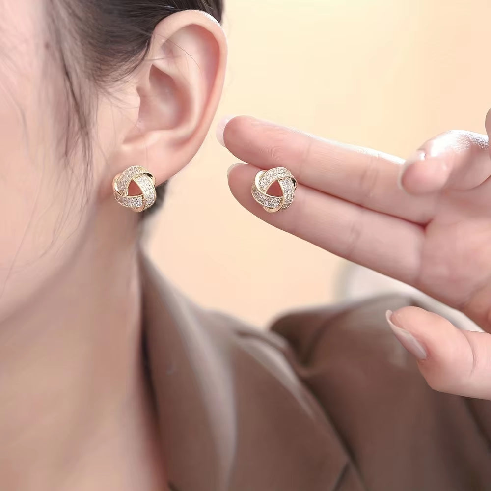 Elegant Sparkling Knotted Alloy Stud Earrings with Imitation Zircon Decor, Daily Decoratiions,Small with Stainless Steel Needles