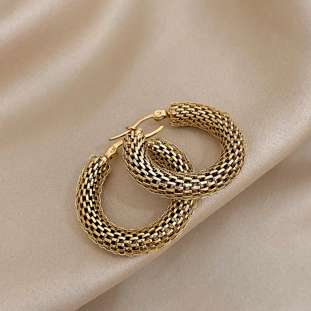 Stainless Steel Gold Color Geometric Metal Mesh Earrings for Women Girls New Trend Hoop Ear Jewelry Gift