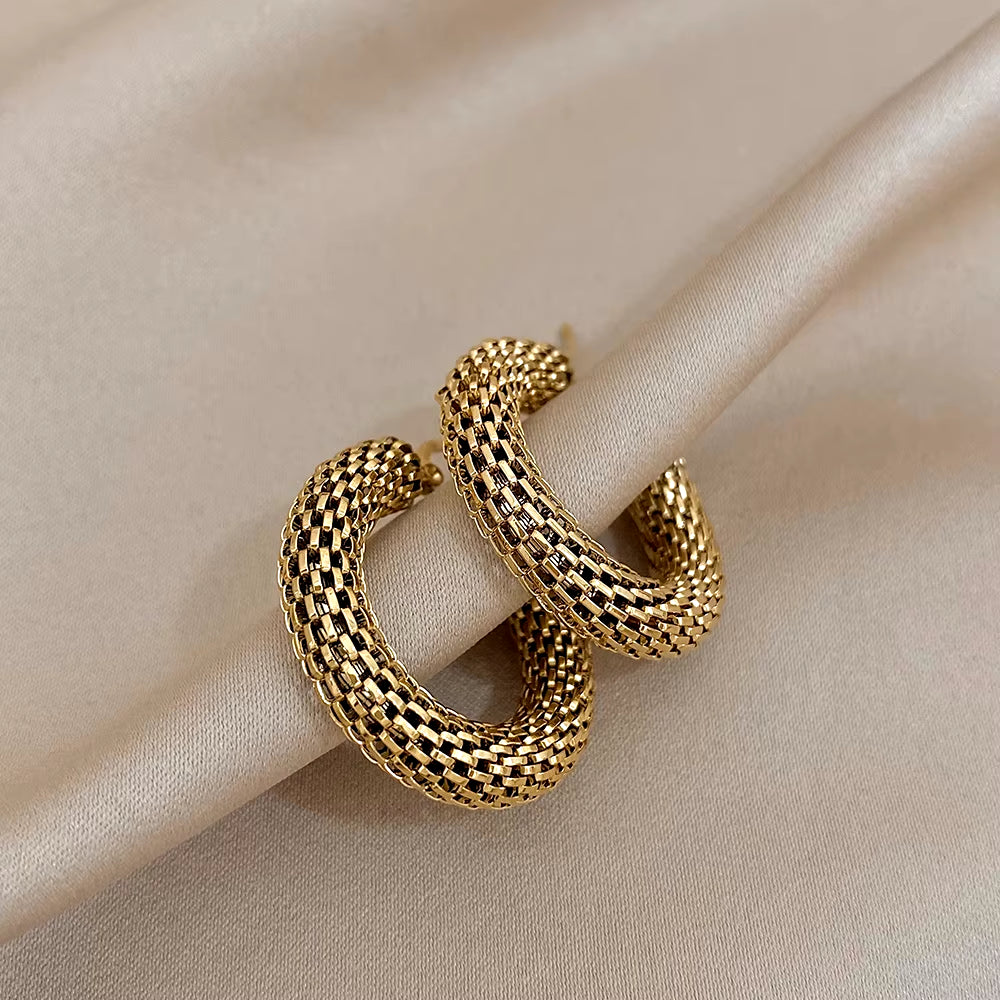 Stainless Steel Gold Color Geometric Metal Mesh Earrings for Women Girls New Trend Hoop Ear Jewelry Gift