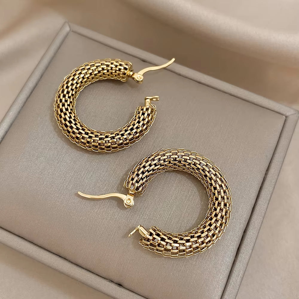 Stainless Steel Gold Color Geometric Metal Mesh Earrings for Women Girls New Trend Hoop Ear Jewelry Gift