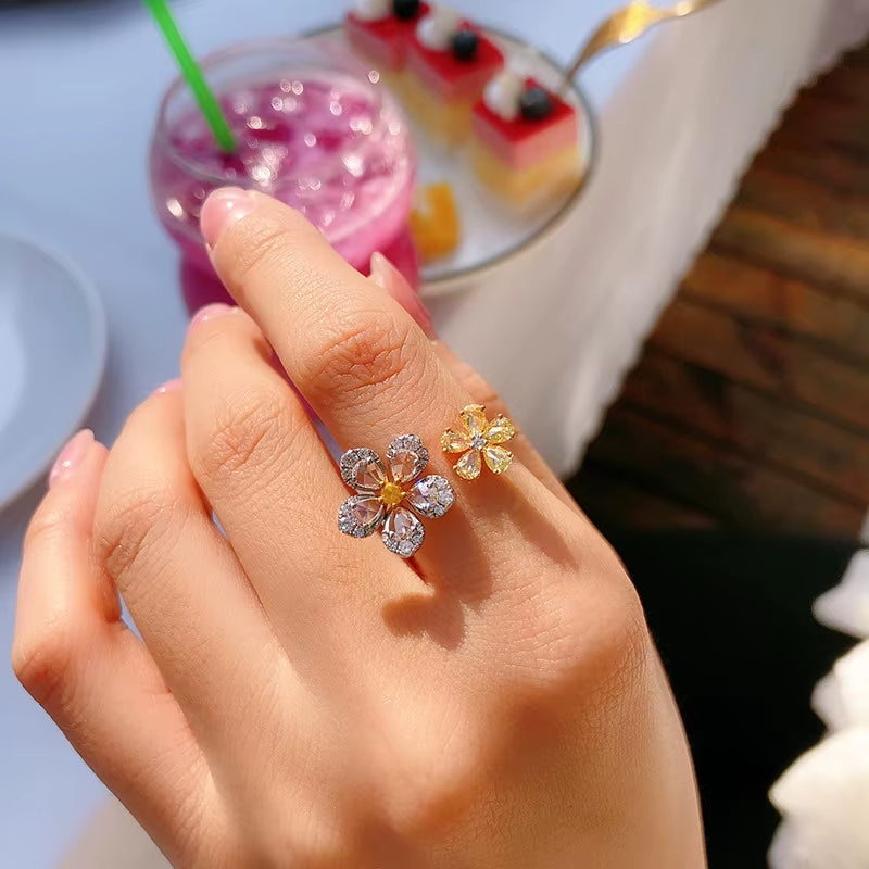 Colorful Zircon Big and Small Flower Rings for Women 2024 Delicate New Fashion Jewelry Ring Adjustable Bijoux Gifts