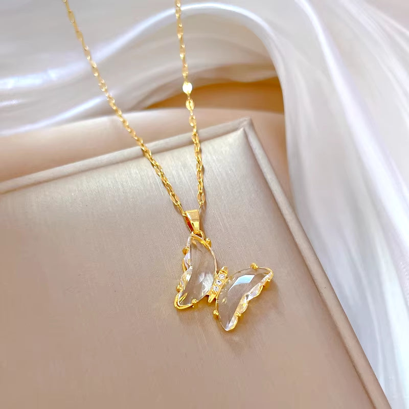 316L Stainless Steel Butterfly Crystal Pendant Necklace for Women Girl New Trend Luxury Neck Chain Jewelry Gift Party