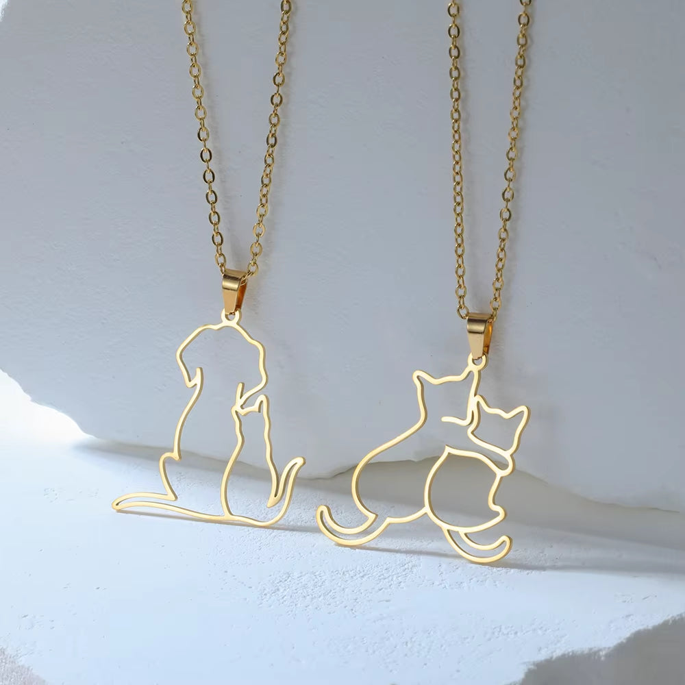 Cute Hugging Cats Kitten Necklace for Women Stainless Steel Animal Dog Pet Pendant Necklaces Jewelry Gift 2024 Trend