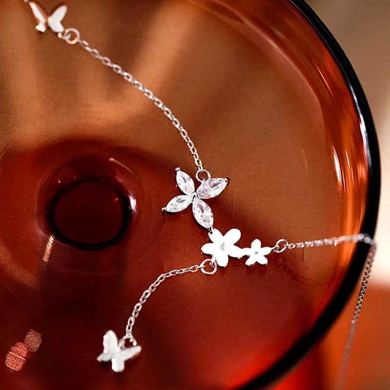 Silver Color AAA Zircon Flower Necklaces for Women Elegant Butterfly Tassel Pendant Clavicle Chain Choker Luxury Jewelry